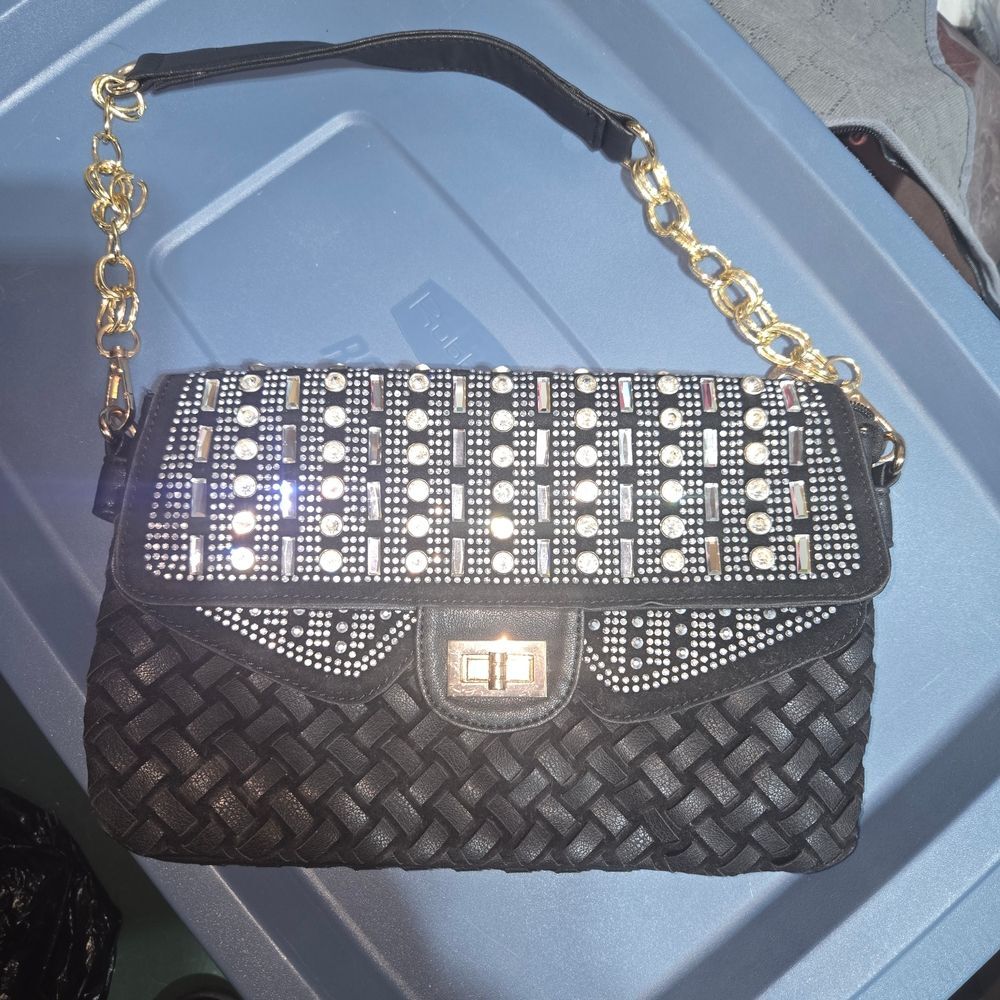 Black Embellished Shoulder Bag with Gold Chain Strap